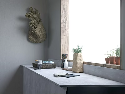 Gray Wall Woven Bag Window Small Plants Countertop Tableware Set With Cups Plates And Utensils 3d model