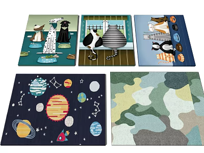 Square Rugs Featuring Diverse Patterns Including Animal Space And Camouflage Designs 3d model
