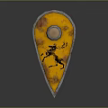 Wooden Shield with Round Gemstone Center and Black Deer Design on Polished Wooden Surface