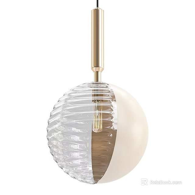 Modern Pendant Light With Golden Rod Transparent Textured Glass And White Half Globe Design 3d model 