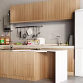 Modern Kitchen Interior With Wooden Cabinets Refrigerator Sink And Hanging Cookware