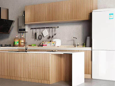 Modern Kitchen Interior With Wooden Cabinets Refrigerator Sink And Hanging Cookware 3d model