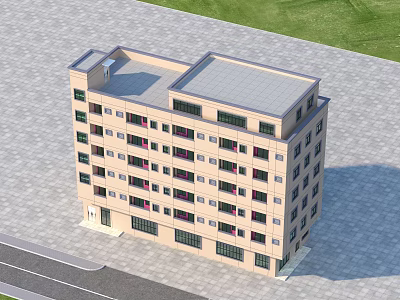 Light Colored Residential Building With Multiple Floors Windows Gray Roof And Lawn Area 3d model