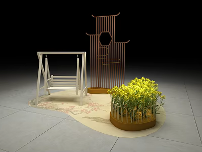 Traditional Garden Decoration With Swing Wooden Screen Yellow Flowers And Pink Petals 3d model
