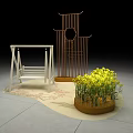 Traditional Garden Decoration With Swing Wooden Screen Yellow Flowers And Pink Petals