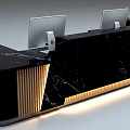 Modern Reception Desk With Marble Surface Golden LOGO Two Monitors And LED Lighting