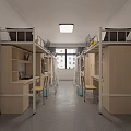 Modern Dormitory Room With Bunk Beds Desks Cabinets Windows And Gray Floor