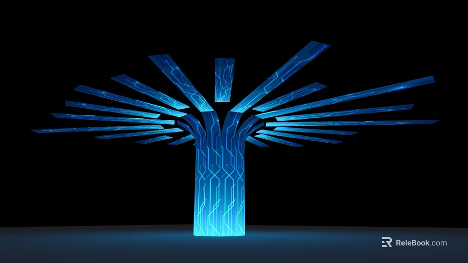 Blue Illuminated Tree Shaped Art Installation With Geometric Patterns And Glowing Branches 3d model 