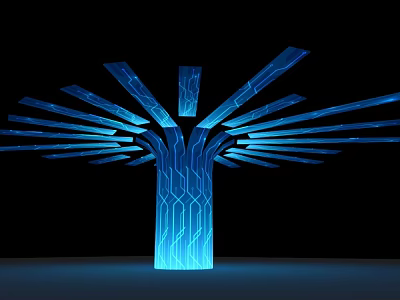Blue Illuminated Tree Shaped Art Installation With Geometric Patterns And Glowing Branches 3d model
