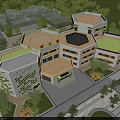 Modern Hexagonal School Building Featuring Green Roofs Skylights And Campus Trees 3d model