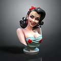 3D Female Bust Sculpture With Black Curly Hair Red Bow And Blue Top