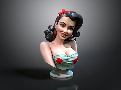 3D Female Bust Sculpture With Black Curly Hair Red Bow And Blue Top 3d model
