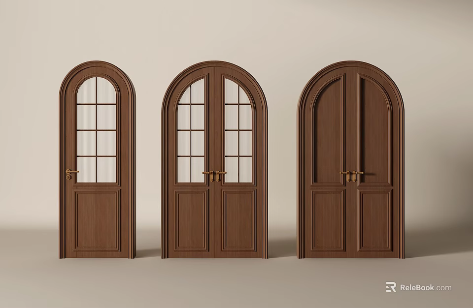 Wooden Arched Top Double Doors With Glass Panes And Solid Panel Designs 3d model 
