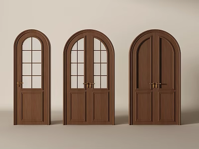 Wooden Arched Top Double Doors With Glass Panes And Solid Panel Designs 3d model