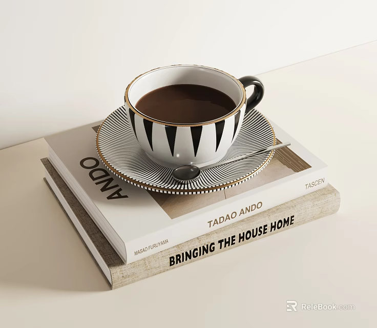 White Tea Cup And Saucer With Black Triangle Pattern And Gold Rim On Stacked Books 3d model 