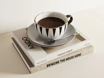 White Tea Cup And Saucer With Black Triangle Pattern And Gold Rim On Stacked Books 3d model