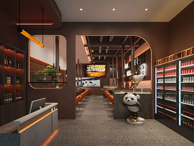Modern Restaurant Interior Design With Panda Statue Beverage Display Counter And Warm Lighting 3d model