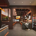 Modern Restaurant Interior Design With Panda Statue Beverage Display Counter And Warm Lighting