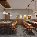 Modern Restaurant Interior With Wooden Walls Orange Chairs Pendant Lights White Tables And Wall Art