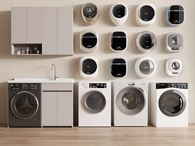 Different Styles of Circular Wall Mounted and Freestanding Washing Machines With Sink and Cabinets 3d model