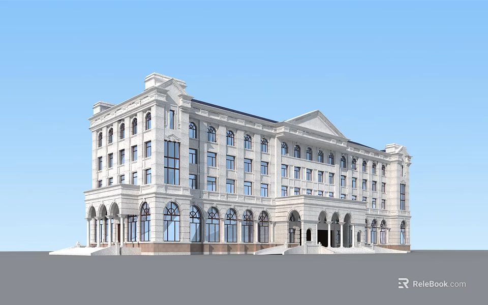 Elegant Multi Story European Style Office Building With White Exterior Arched Windows And Portico 3d model 