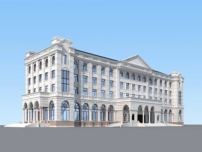 Elegant Multi Story European Style Office Building With White Exterior Arched Windows And Portico 3d model