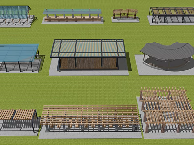Various Outdoor Pergola Designs With Wooden Metal Structures And Different Roof Shapes 3d model