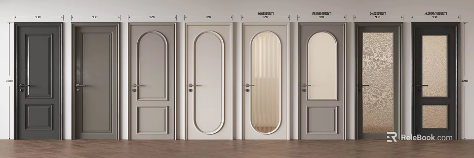 Hinged Interior Doors with Various Designs Glass Panels and Neutral Color Finishes 3d model 