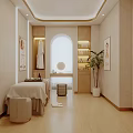 Serene SPA Room Interior With Massage Bed White Bathrobe Arched Window And Wooden Cabinets