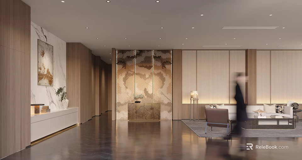 Modern Hotel Lobby Interior Design With Marble Reception Desk Wooden Walls And Ambient Lighting 3d model 