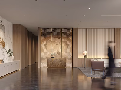 Modern Hotel Lobby Interior Design With Marble Reception Desk Wooden Walls And Ambient Lighting 3d model