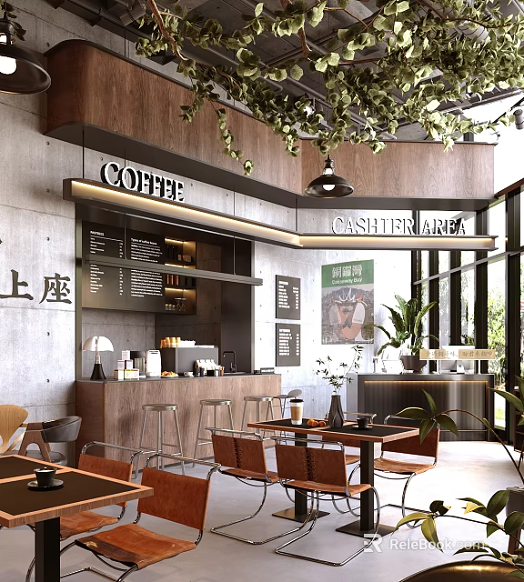 Modern Café Interior With Wooden Counter Cashier Area Gray Wall Green Plants And Hanging Lights 3d model 
