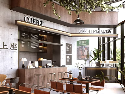 Modern Café Interior With Wooden Counter Cashier Area Gray Wall Green Plants And Hanging Lights 3d model