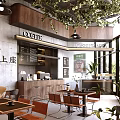 Modern Café Interior With Wooden Counter Cashier Area Gray Wall Green Plants And Hanging Lights