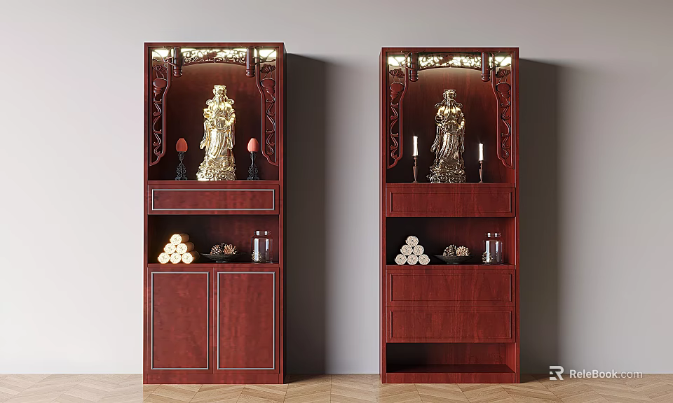 Mahogany Display Cabinets With Golden Statues Candles Stacked Items And Glass Jars 3d model 