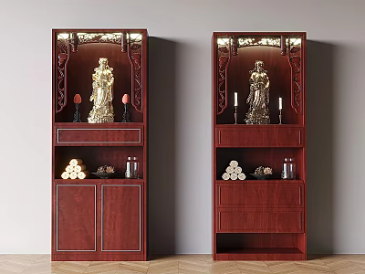 Mahogany Display Cabinets With Golden Statues Candles Stacked Items And Glass Jars 3d model