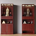 Mahogany Display Cabinets With Golden Statues Candles Stacked Items And Glass Jars