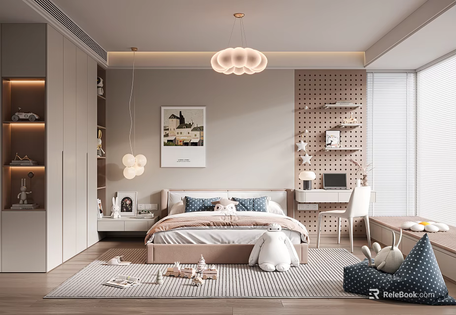 Modern Kids Room Interior With Cloud Pendant Light Bed Bookshelf And Stuffed Toys 3d model 
