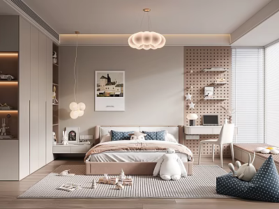 Modern Kids Room Interior With Cloud Pendant Light Bed Bookshelf And Stuffed Toys 3d model