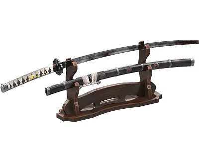 Traditional Japanese Katana Sword With Wooden Display Stand And Detailed Handle 3d model