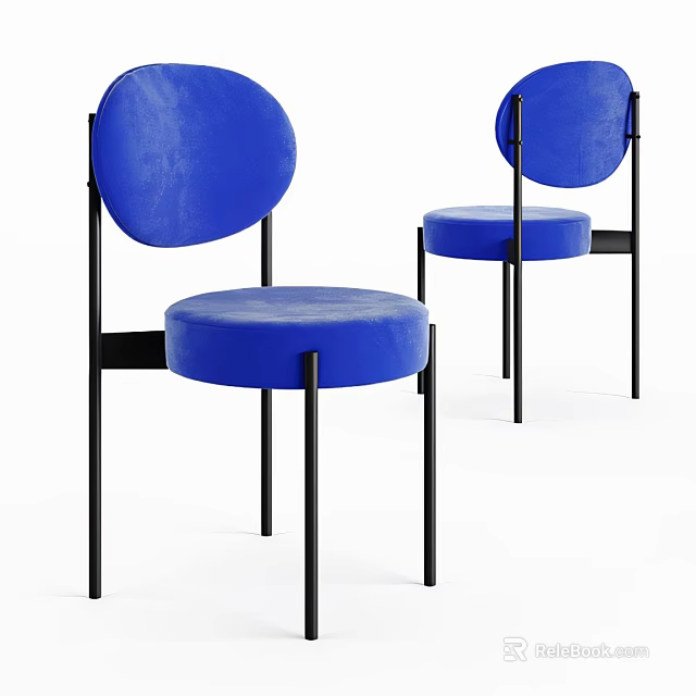 Modern Blue Velvet Single Chair With Black Metal Legs And Round Backrest 3d model 