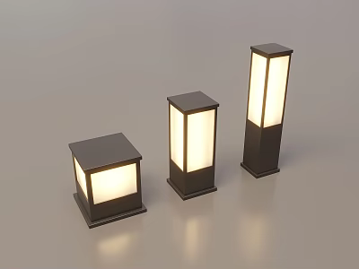 Three Modern Square Pillar Outdoor Lights With Illuminated Panels And Metal Base 3d model