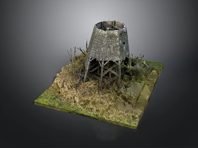 Old Windmill Model With Wooden Frame Dry Grass And Twigs On Square Grass Base 3d model