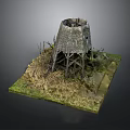 Old Windmill Model With Wooden Frame Dry Grass And Twigs On Square Grass Base
