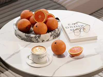 Fresh Oranges In Marble Bowl On White Marble Table With Coffee Cup And Book 3d model
