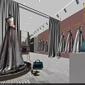 Chic Bridal Shop With Sequined Pink Wedding Dress Display And Hanging Gowns On Golden Hangers