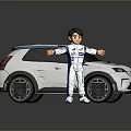 Cartoon Racer Character In Racing Suit Standing By White Car With Graphics And Alloy Wheels