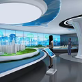 Modern Exhibition Space With People Viewing Large Interactive City Screens 3d model