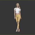 Blonde Woman Standing Gray Background Wearing White Cropped Top Yellow Ripped Pants Beige Sandals