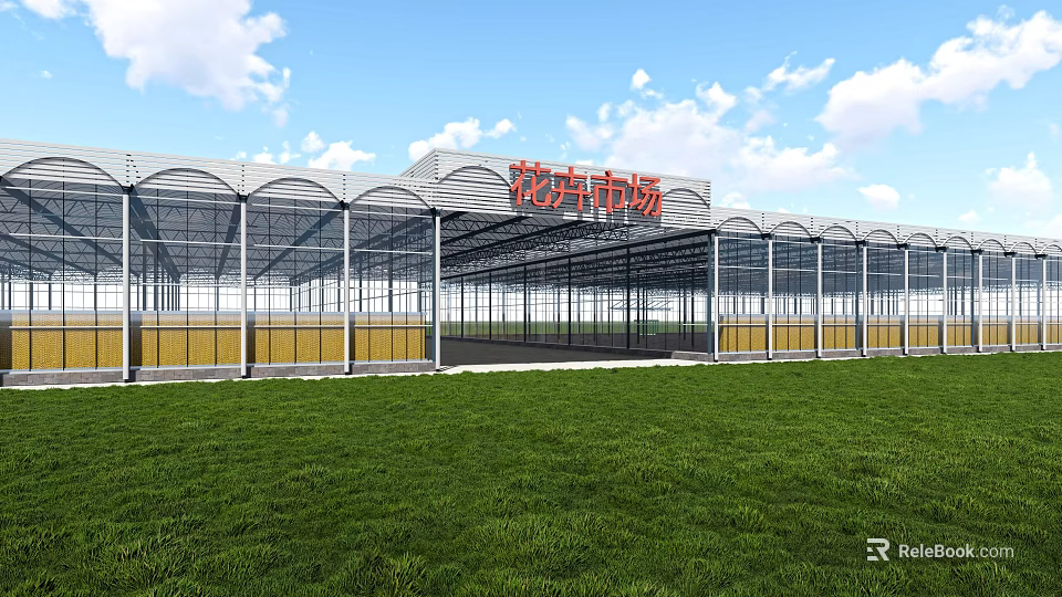 Modern Flower Market Building With Glass Structure Green Lawn And Red Signage 3d model 